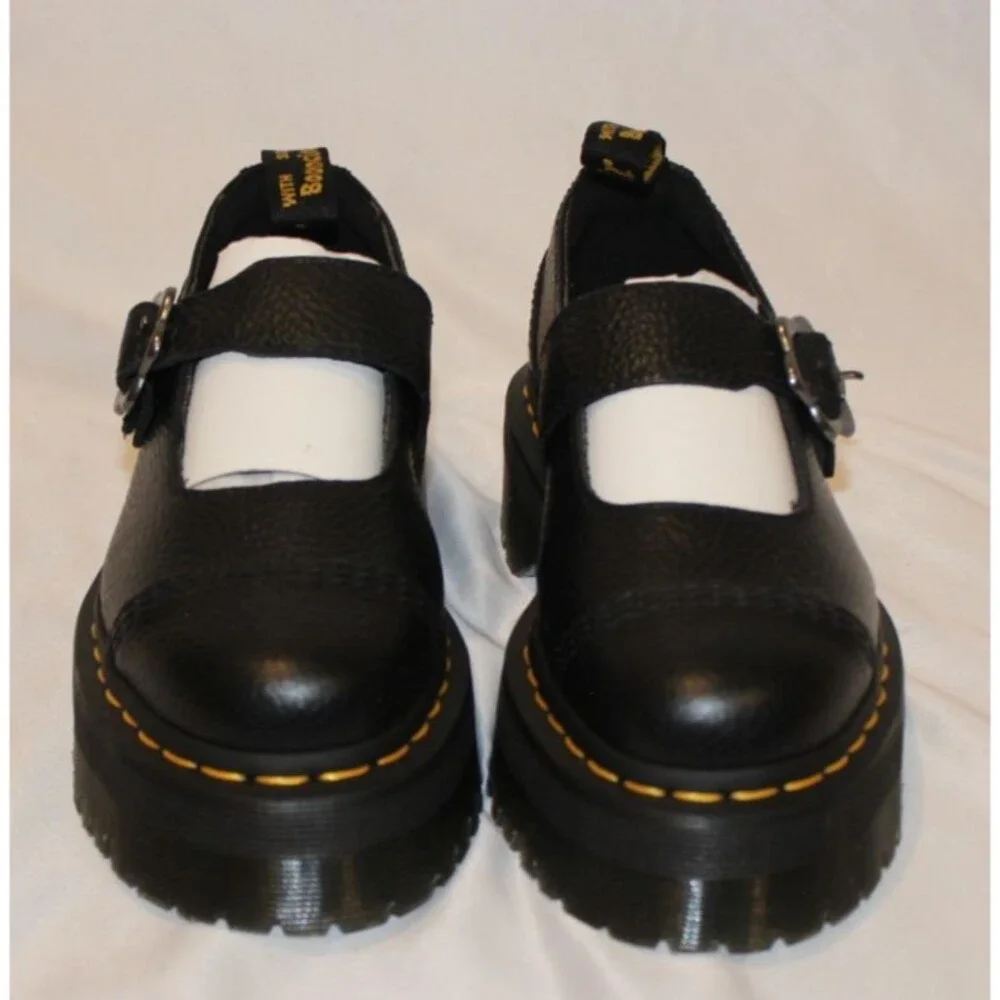 Dr Martens Women Addina Flower Buckle Mary Jane Leather Platform Sandal BLACK 10